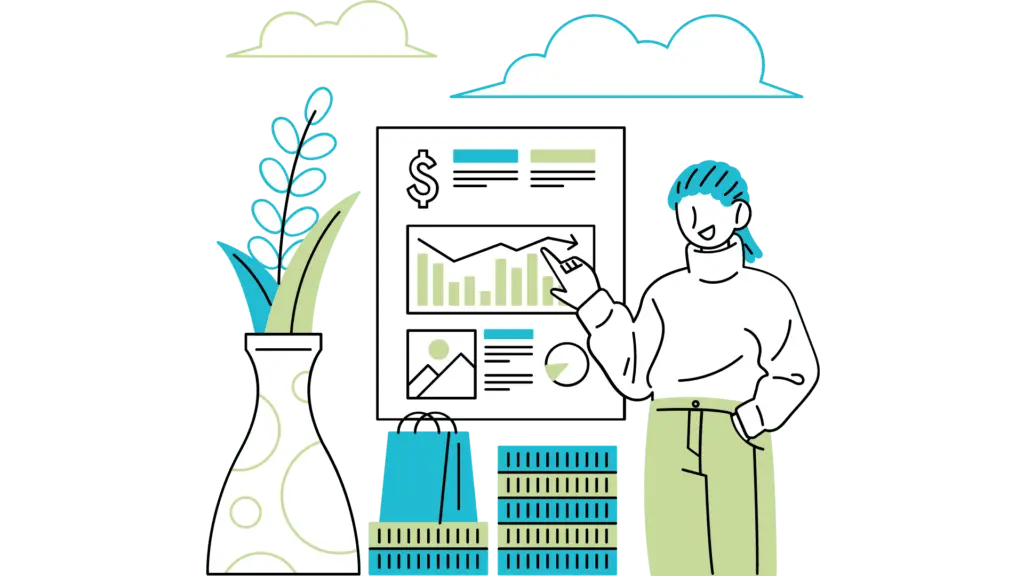 Illustration of a teacher showing graph to showcase Impact Digital in-house sale support